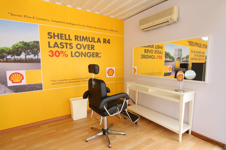 A barber will be on hand to give free hair-cuts to truck drivers inside the Shell Rimula Hardworking Truck