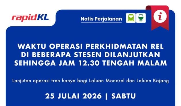 MRT Laluan Kajang, Monorel dilanjut hingga 12.30 am, 25/7 untuk After Work Fest 2026 di Stadium Merdeka