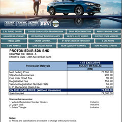 2024 Proton S70 Malaysia price list-1.5T Executive