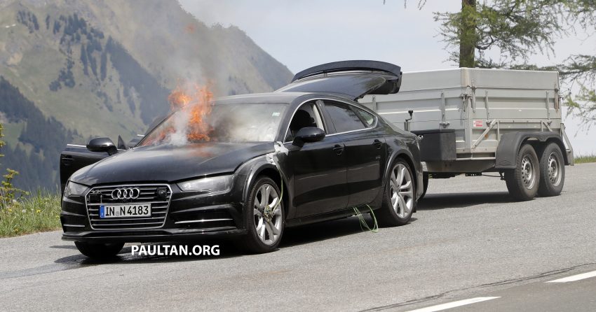 全新 Audi A7 测试途中突然起火，20分钟被烧只剩车架。 31975