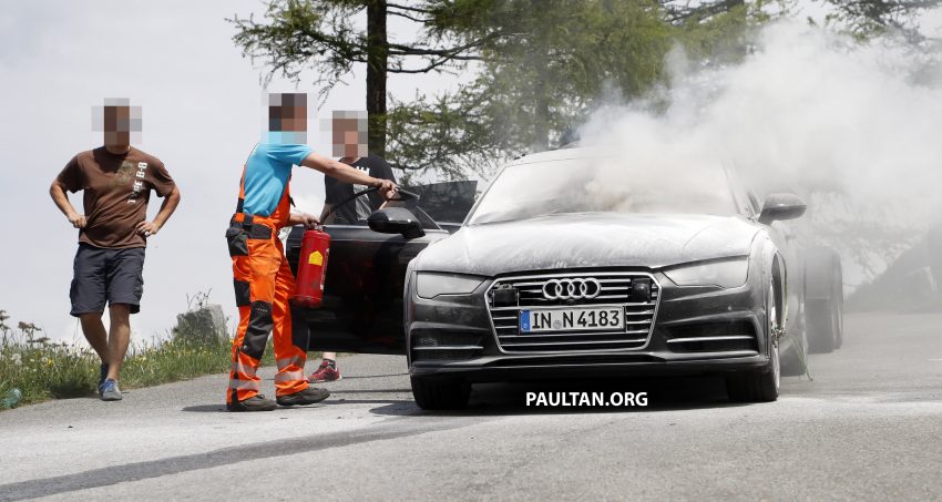 全新 Audi A7 测试途中突然起火，20分钟被烧只剩车架。 31977