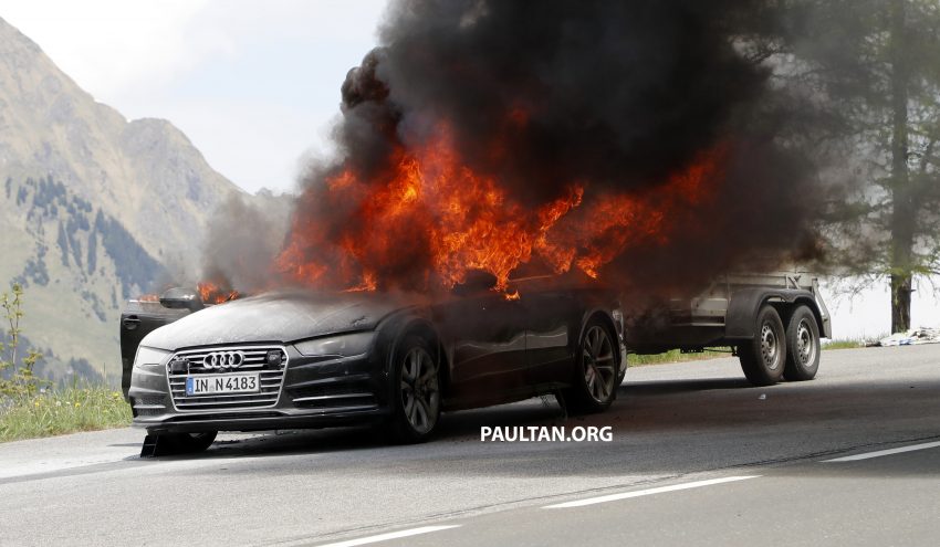 全新 Audi A7 测试途中突然起火，20分钟被烧只剩车架。 31979