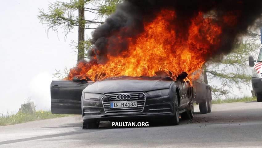 全新 Audi A7 测试途中突然起火，20分钟被烧只剩车架。 31980