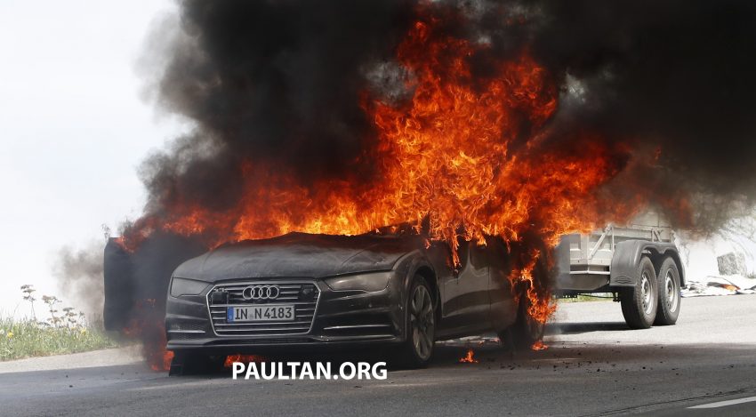 全新 Audi A7 测试途中突然起火，20分钟被烧只剩车架。 31981