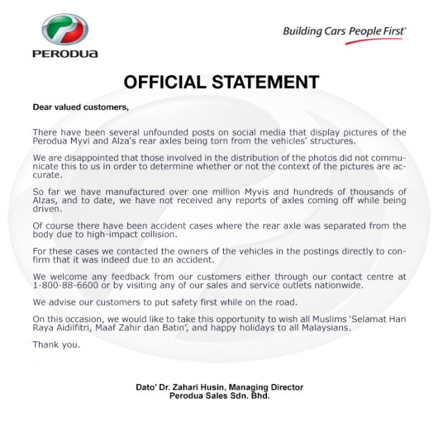 Perodua Alza 与 Myvi 后轮轴脱落照片网络疯传，原厂发文告澄清，称查明证实无关质量问题，纯粹因车祸导致。