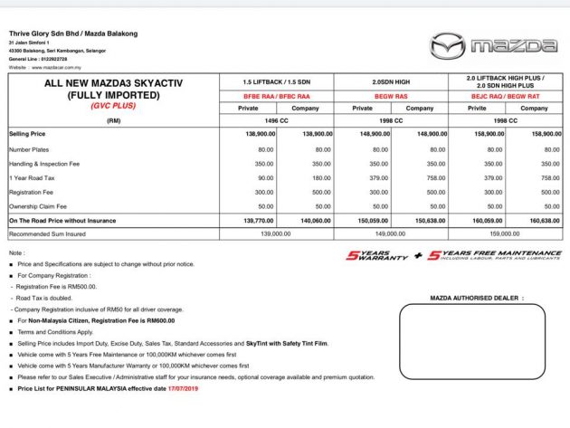 代理网上曝光全新 Mazda 3 本地价格表，7月17日上市？
