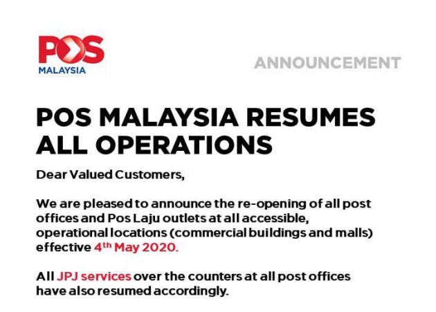 POS Malaysia 全马分行恢复运作,JPJ 服务柜台重新开放