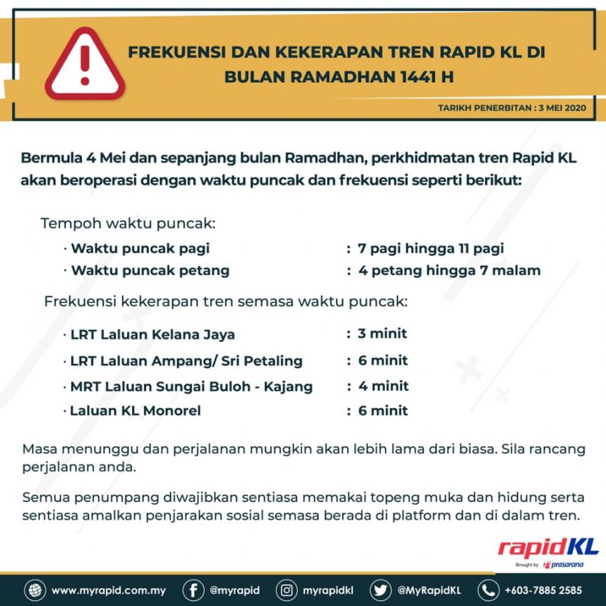 Rapid KL 公布新时间表；强制乘坐旗下公交乘客戴口罩 120908