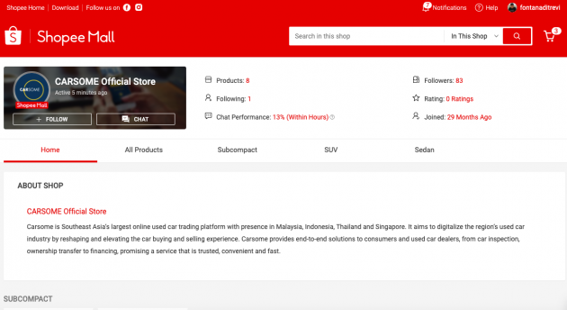 Carsome 在 Shopee 开设官方网店, 销售官方认证二手车