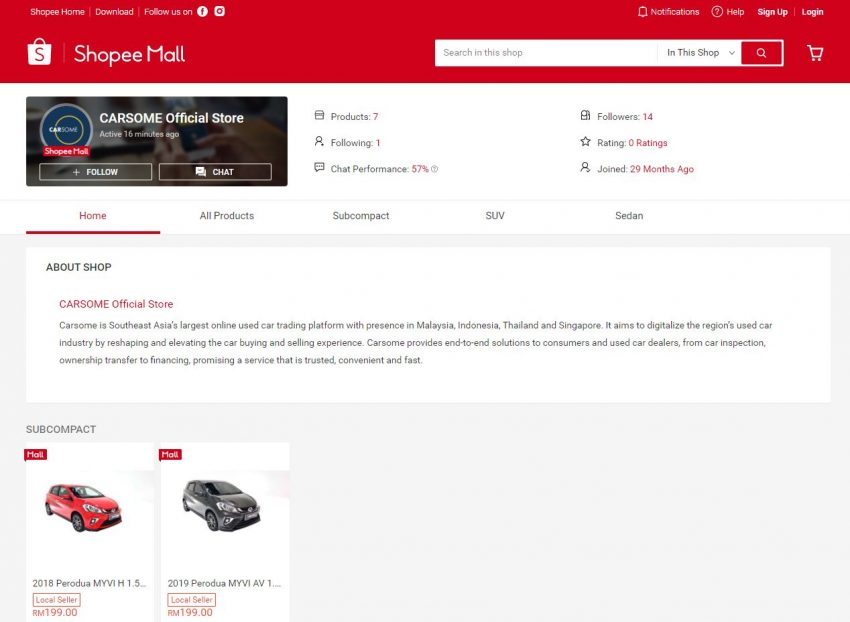Carsome 在 Shopee 开设官方网店, 销售官方认证二手车 136068