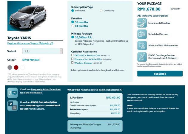 Toyota 推出 Kinto One 汽车合约租凭服务, 2或3年合约, 每月缴付固定费用即可坐拥新车, 保养消耗品与保险路税全包