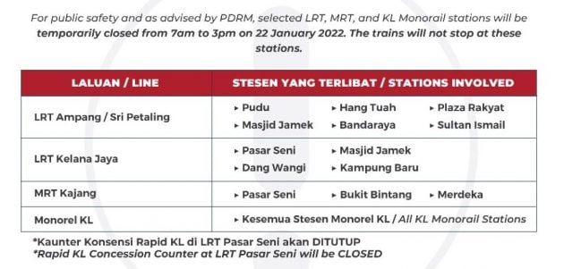 称获得警方的劝告, Rapid KL宣布吉隆坡市中心所有 LRT, MRT 与 Monorail 车站明天早上7时至下午3时将暂时关闭