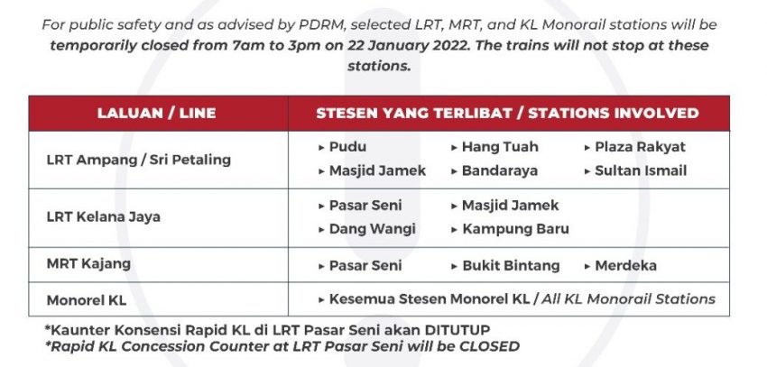 称获得警方的劝告, Rapid KL宣布吉隆坡市中心所有 LRT, MRT 与 Monorail 车站明天早上7时至下午3时将暂时关闭 171906