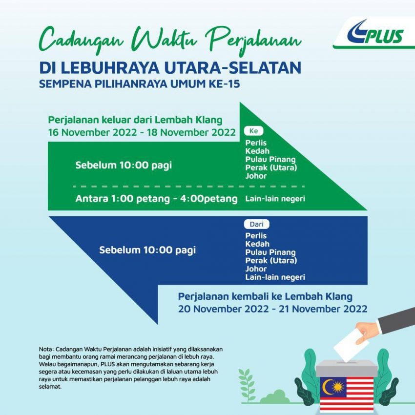全国第15届大选：PLUS Malaysia 发布行程时间表建议 201982