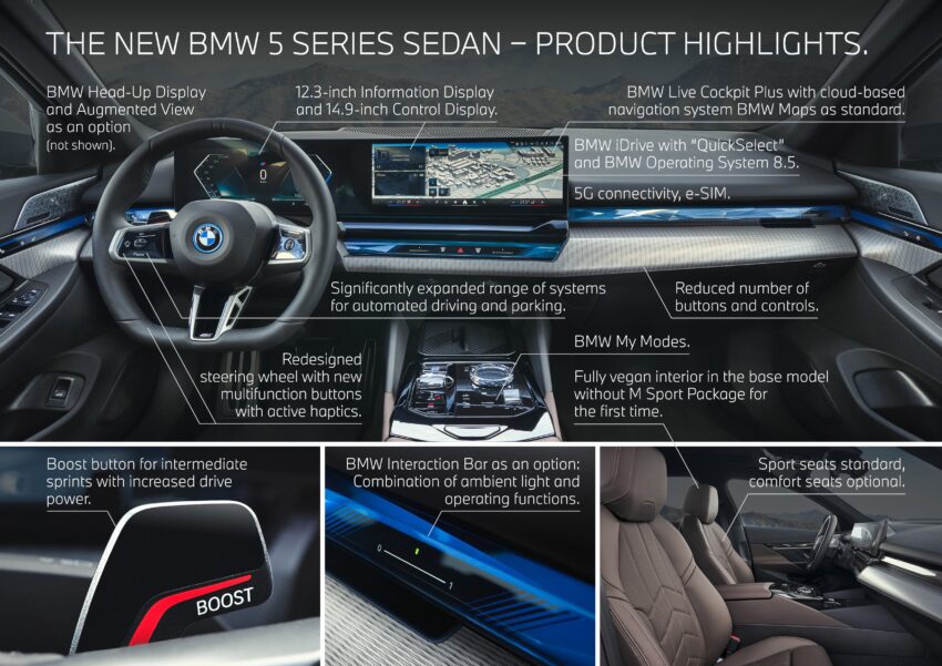2024 G60/G60E BMW 5 系列大改款全球首发, 包含 i5 纯电动版本, 全新外观与内装设计, 车身尺码更大, iDrive 8.5系统 220525