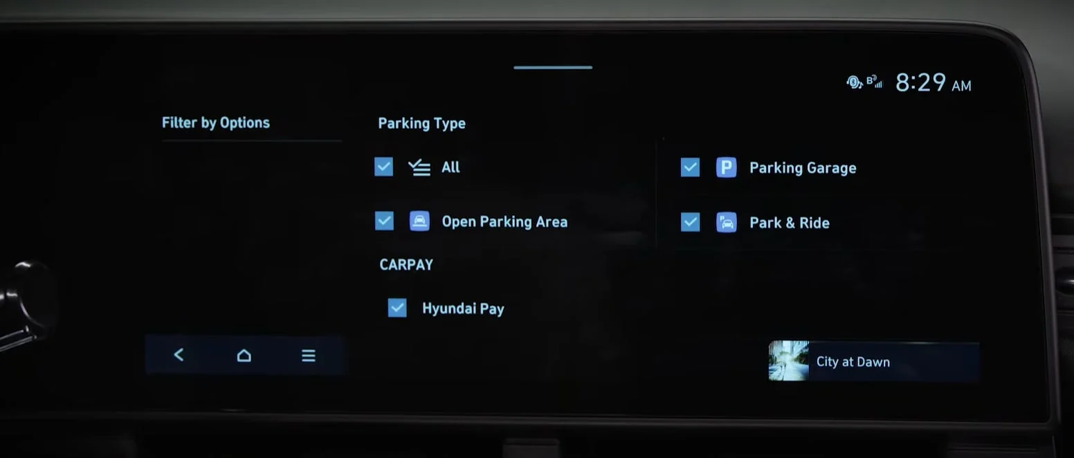 2024 Hyundai Kona 将搭载 Hyundai Pay 车内支付系统，可通过中控屏幕主机存置信用卡，在车内支付停车场费用