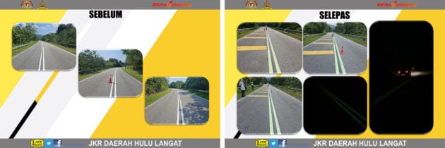 工程部在Hulu Langat道路试用夜光涂料, 晚上可自行发光