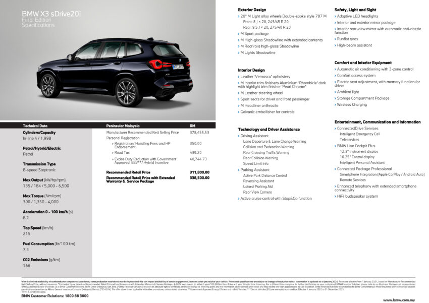 2024 BMW X3 Final Edition 本地发布, 分 sDrive20i 与 xDrive30e 两个版本, 小幅涨价但配备更完整, 售价31.2万起 261469