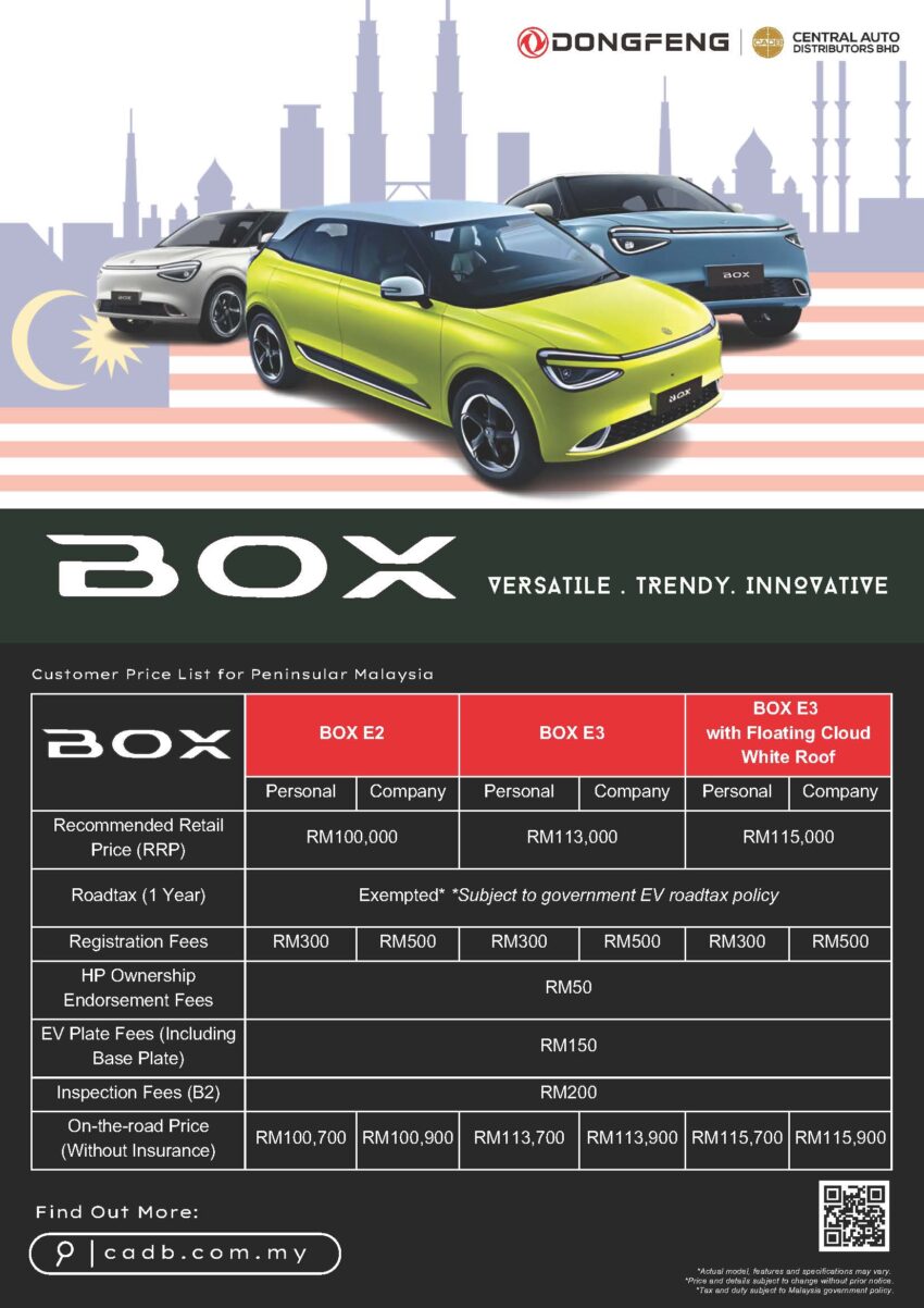 东风 Box 纯电掀背小车本地售价公布, 分E2入门与E3长续航版, 最长里程430公里, 极速140km/h, 售价从10万令吉起 281792