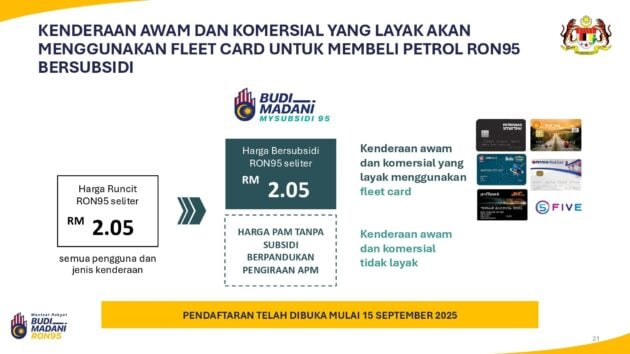 BUDI95汽油补贴: 公共交通与商用运输业者可提出申请, 可以汽油补贴卡向本地油站添购 RON 95 汽油, 每公升RM2.05