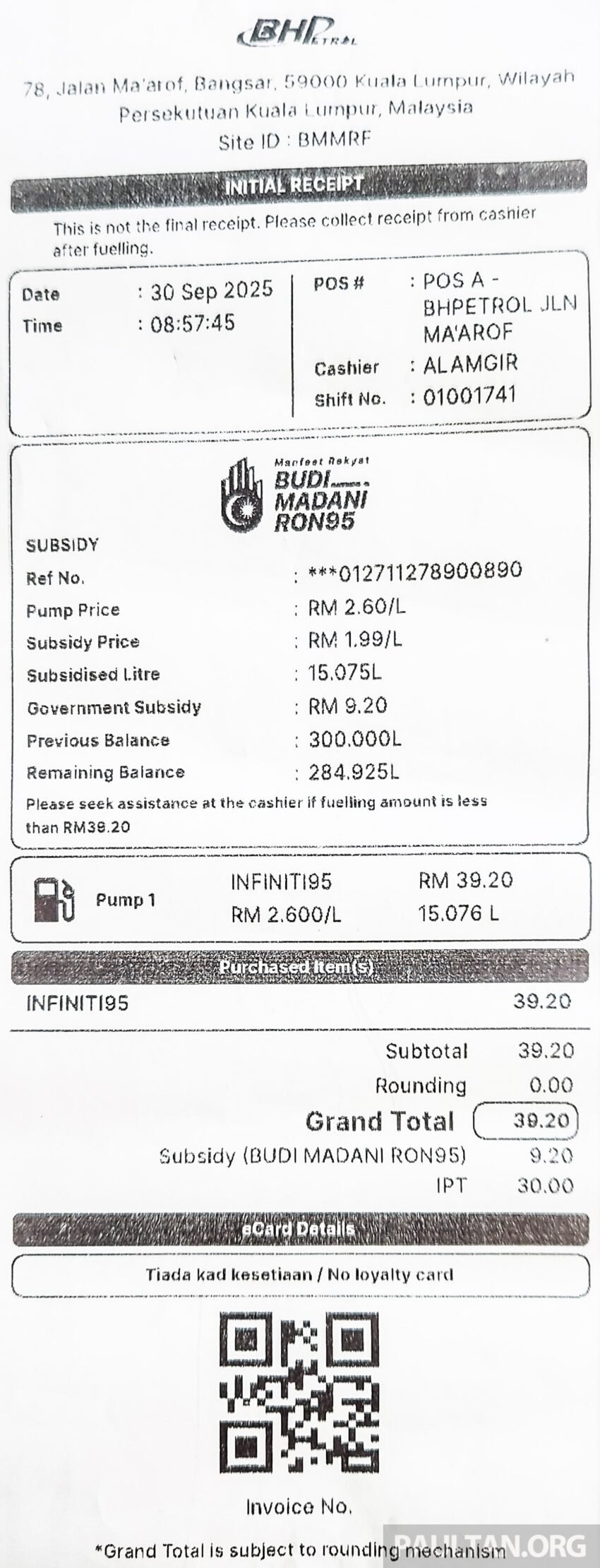 BUDI95: 油泵显示RM2.60售价, 对比 Petronas, Shell, BHPetrol, Petron 与 Caltex 各家油站的添油收据详情 309428
