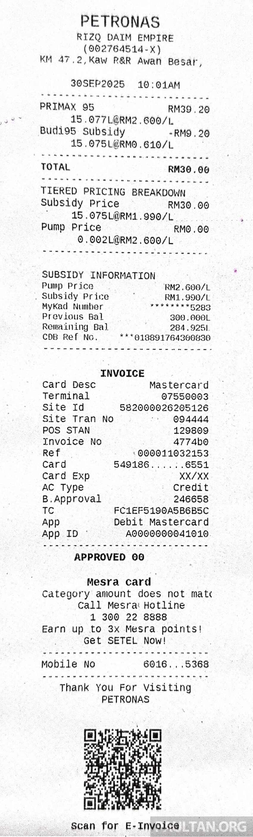 BUDI95: 油泵显示RM2.60售价, 对比 Petronas, Shell, BHPetrol, Petron 与 Caltex 各家油站的添油收据详情 309422