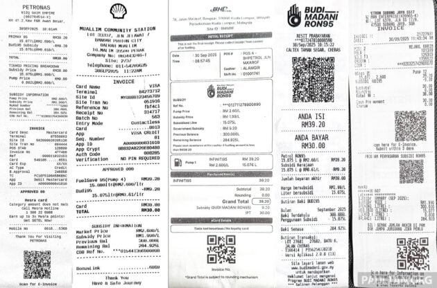 BUDI95: 油泵显示RM2.60售价, 对比 Petronas, Shell, BHPetrol, Petron 与 Caltex 各家油站的添油收据详情