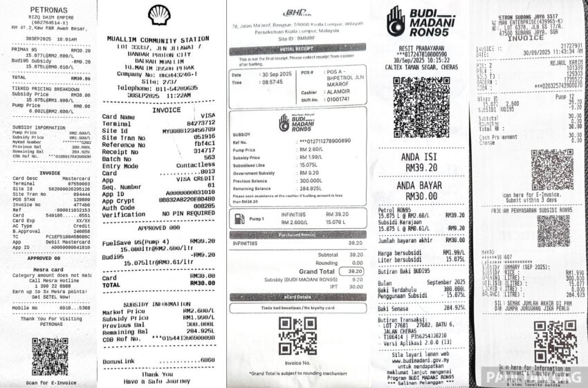 BUDI95: 油泵显示RM2.60售价, 对比 Petronas, Shell, BHPetrol, Petron 与 Caltex 各家油站的添油收据详情 309418