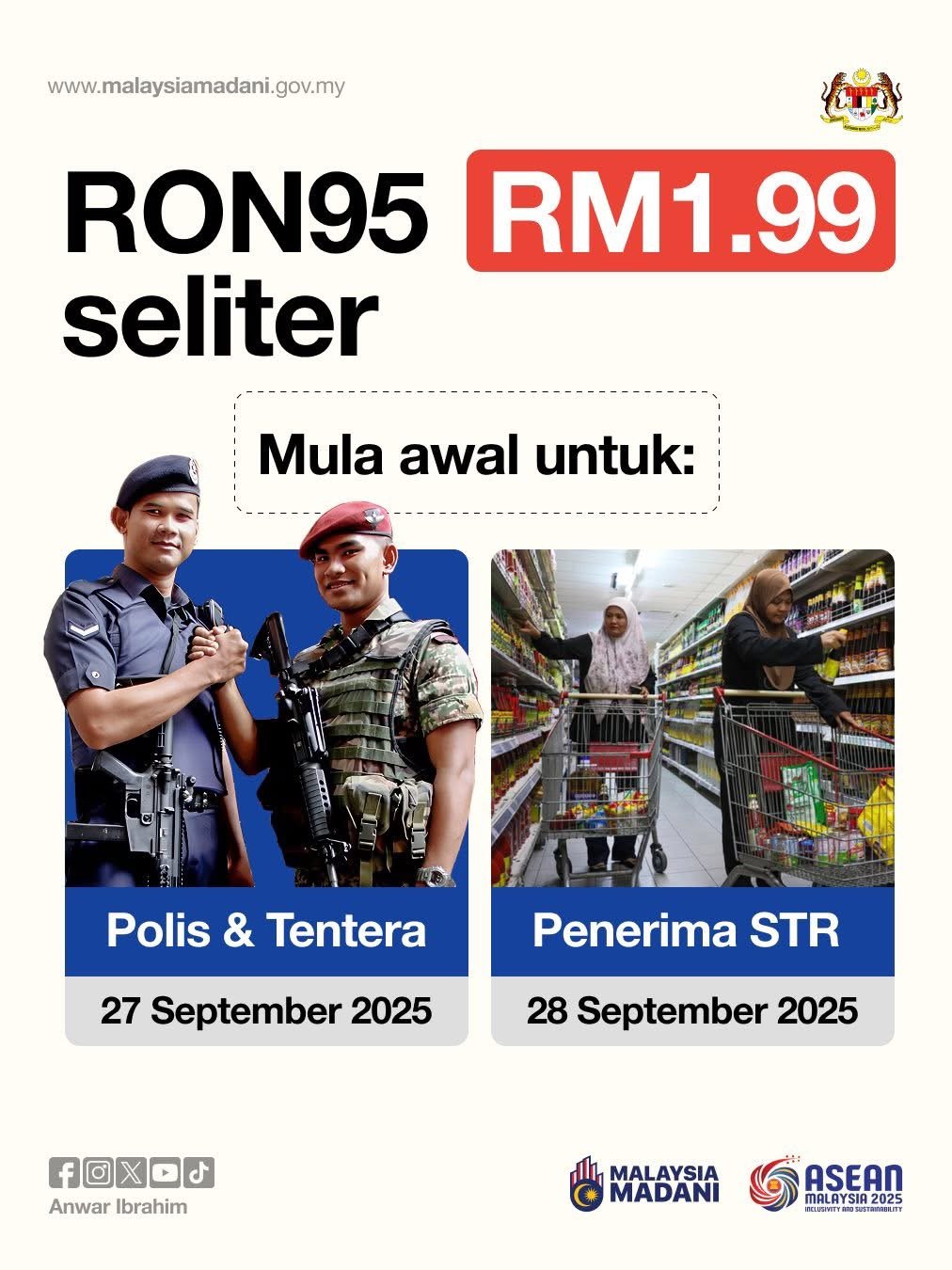 RON95 汽油补贴实施细节公布！军警9月27日率先开跑；30日全面落实，国民每月可享300公升RM1.99的补贴价