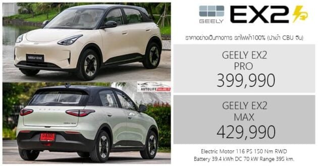 泰国公布吉利 Geely EX2 正式售价, Proton eMAS 5 的原生车款在泰国最高只需5.5万令吉, 续航里程最长395公里