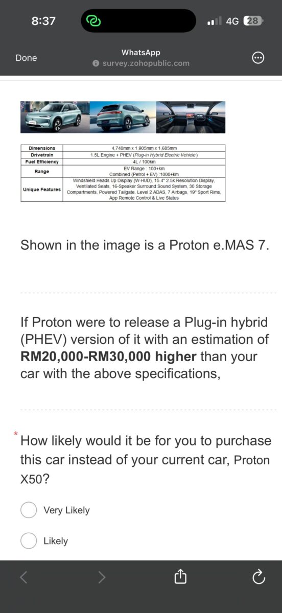 原厂向现任车主发 Proton eMAS 7 PHEV 调查问卷, 披露规格与配备, 售价约11万到14万令吉, 综合里程超过1,000公里