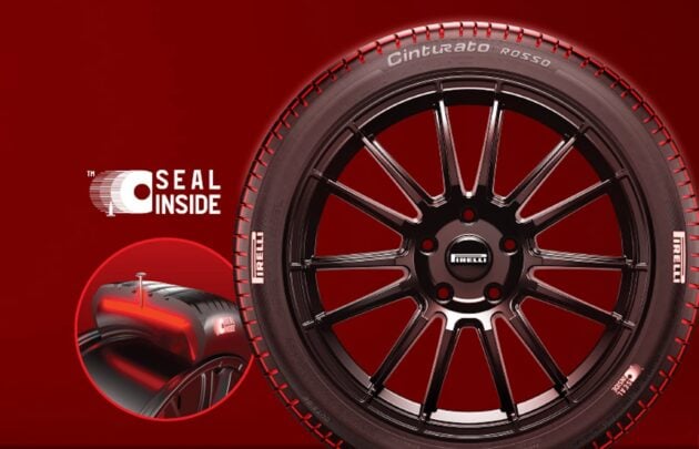 Pirelli Cinturato Rosso 轮胎如今新增 Seal Inside 技术, 轮胎内壁新增自动修补涂层, 可防止尖锐物品刺入导致漏风