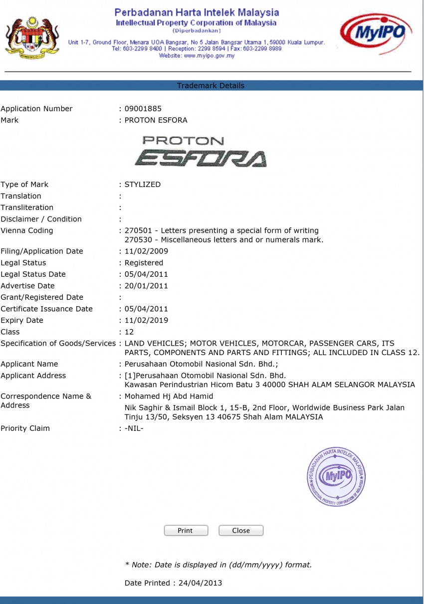 Proton trademarks – Idaman, Persada, Exia, Esfora 171705