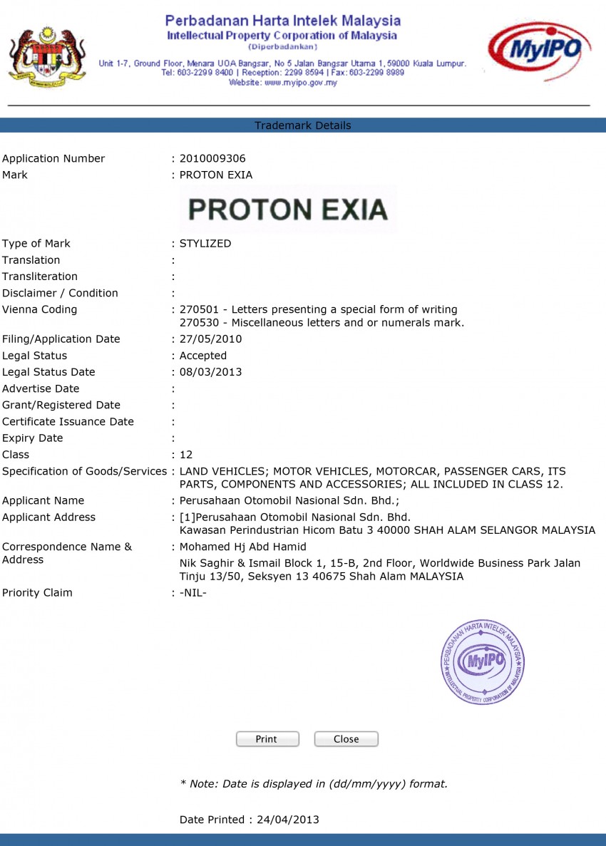 Proton trademarks – Idaman, Persada, Exia, Esfora 171704