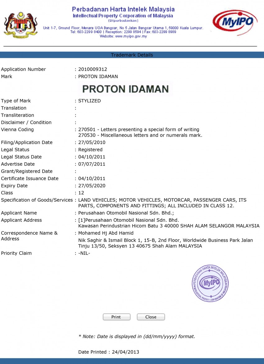 Proton trademarks – Idaman, Persada, Exia, Esfora 171702