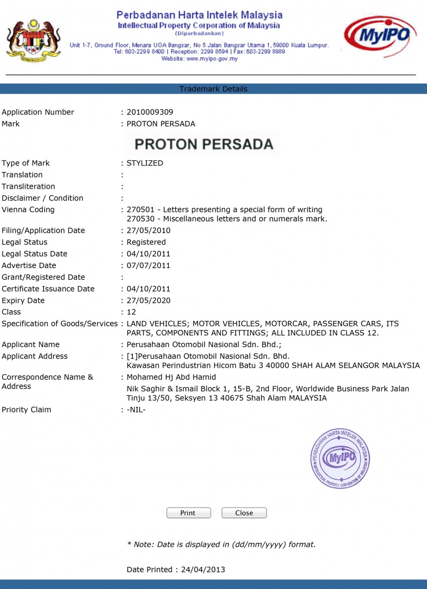 Proton trademarks – Idaman, Persada, Exia, Esfora 171703