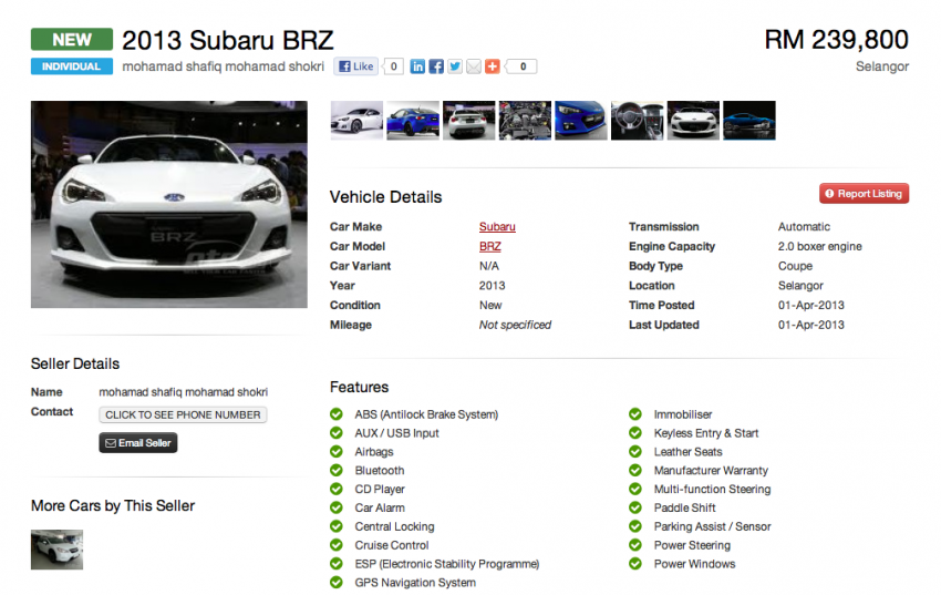 Subaru BRZ – ad pops up on oto.my, RM240k listed 165602