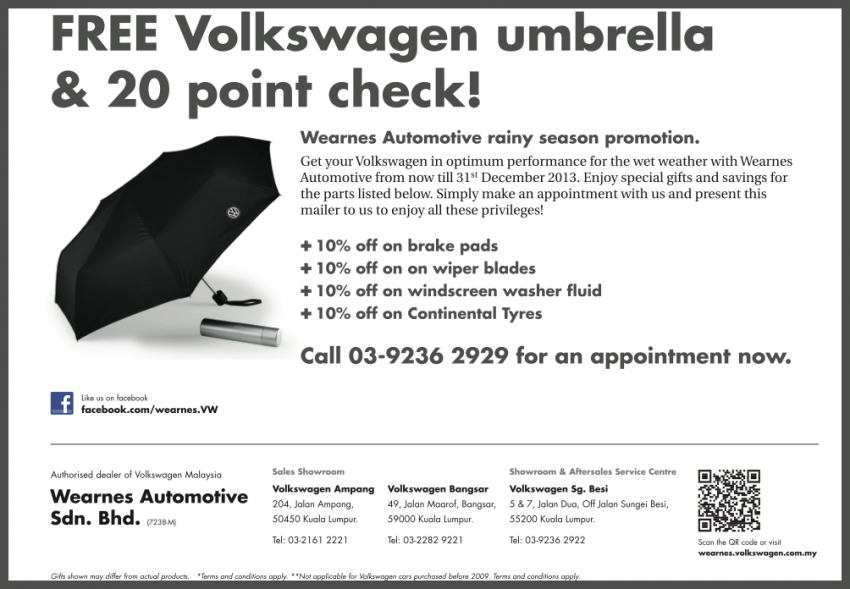 AD: Enjoy discounts on parts and get a free 20-point vehicle check for your Volkswagen at Wearnes Automotive this rainy season! 215610