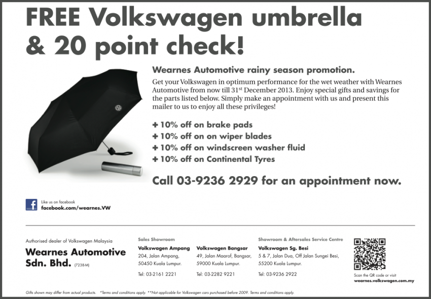 AD: Enjoy discounts on parts and get a free 20-point vehicle check for your Volkswagen at Wearnes Automotive this rainy season! 215614