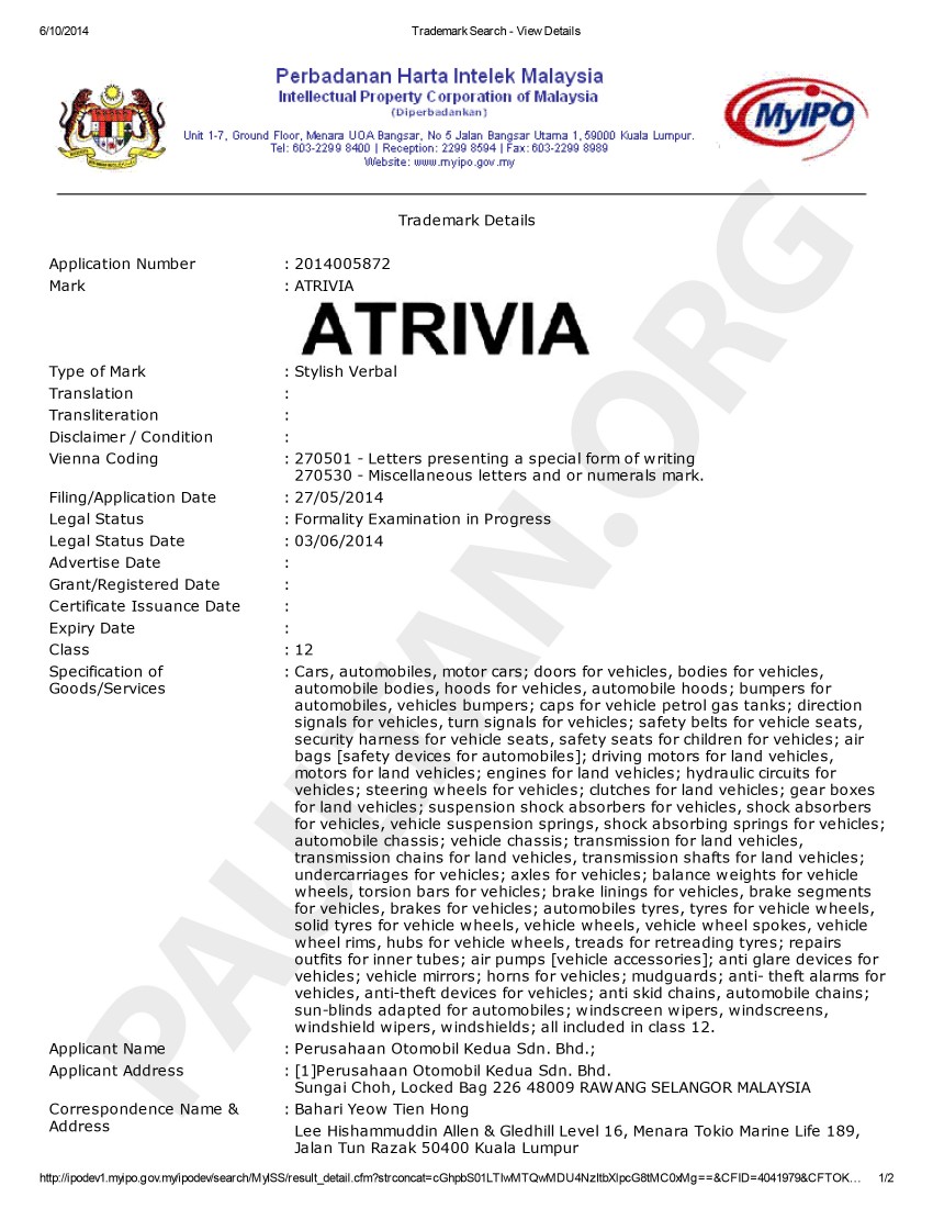 Perodua files two more trademarks – Atrivia & Eliana 253140
