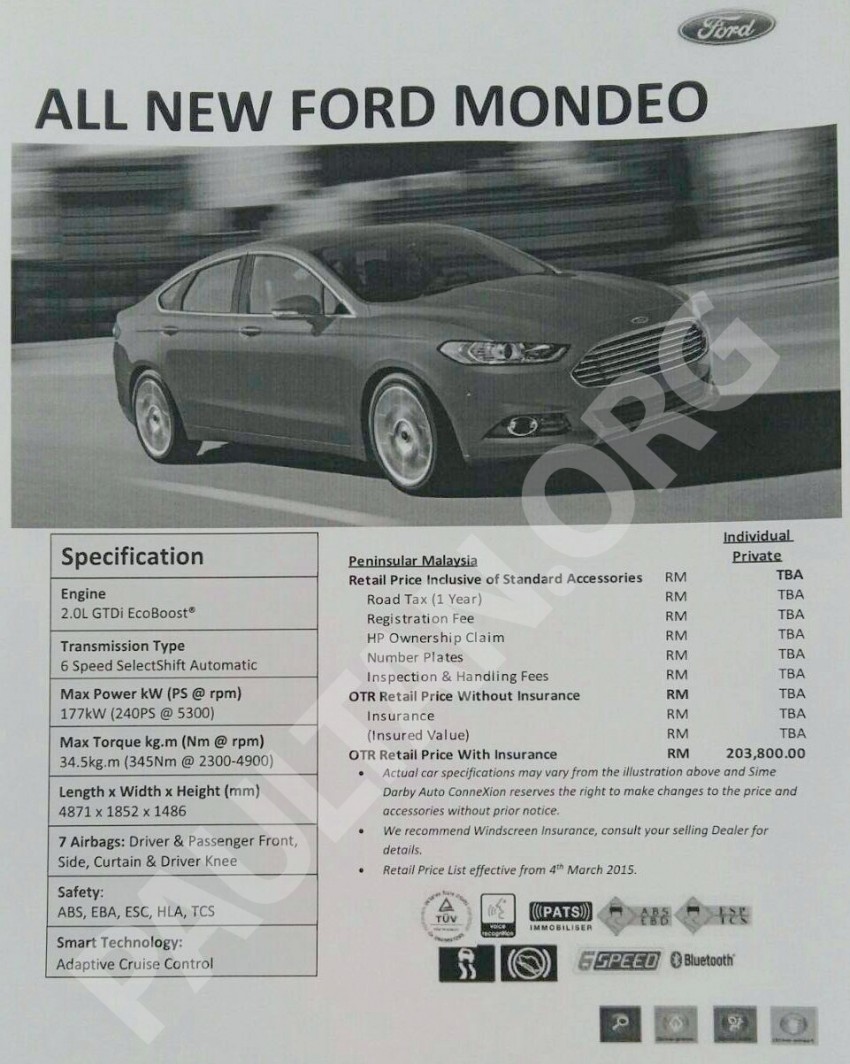 2015 Ford Mondeo EcoBoost – Malaysian specification and indicative pricing revealed, RM203,800 OTR 317124