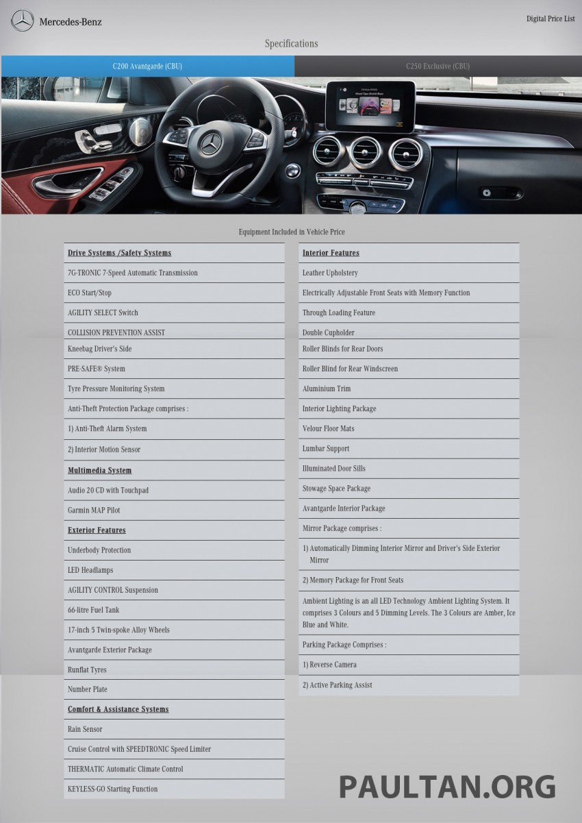 W205 Mercedes-Benz C-Class CKD – RM270k-RM300k, official equipment lists identical to CBU models 327503