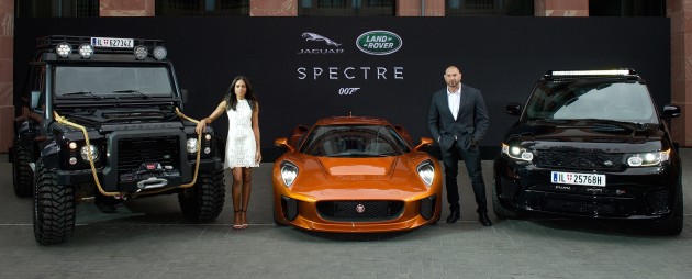 Spectre cast members Naomie Harris and David Bautista are reunited with Jaguar Land Rover stunt vehicles from the film ahead of their international debut in Frankfurt, Germany