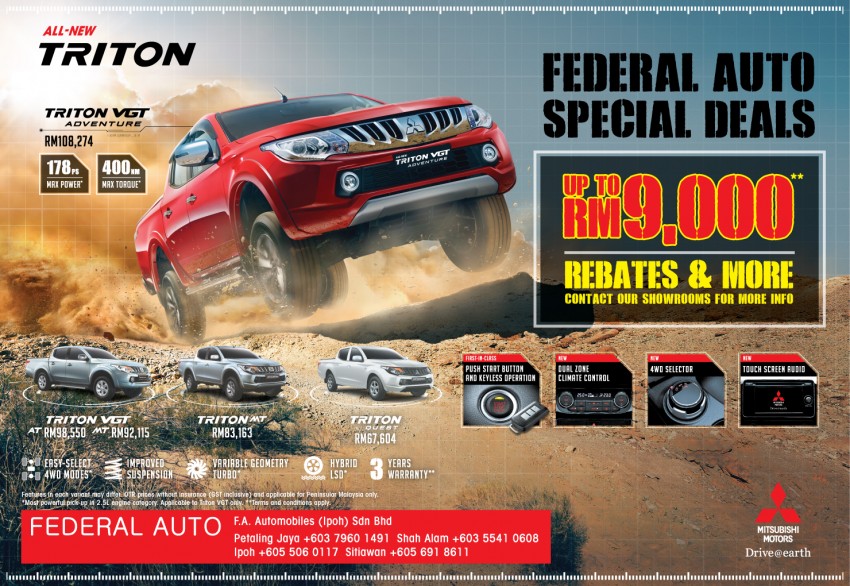 AD: Mitsubishi Special Deals at Federal Auto – enjoy rebates of up to RM9,000 on the Triton VGT and ASX* 401455