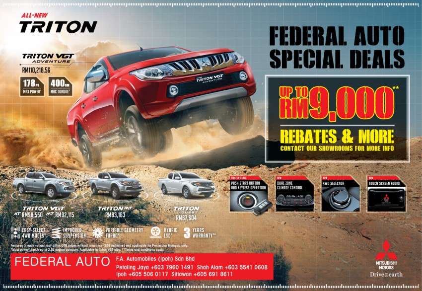 AD: Mitsubishi Special Deals at Federal Auto – enjoy rebates of up to RM9,000 on the Triton VGT and ASX* 404939