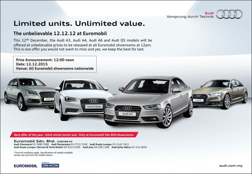 AD: The unbelievable 12.12.12 at Euromobil – get great deals on the Audi A3, A4, A6 and Q5 this weekend! 418313
