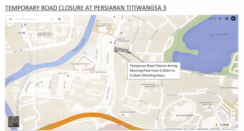 Persiaran Titiwangsa 3 ditutup bagi kerja pembinaan Fasa Kedua DUKE mulai esok hingga hujung Disember 437792
