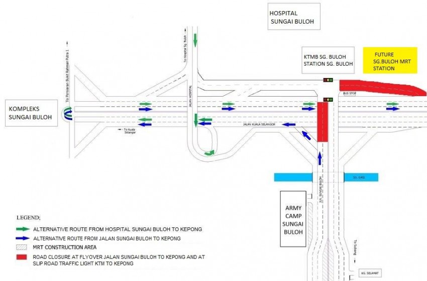 Daily night road closure at Jalan Sg Buloh flyover, slip road to Jalan Kuala Selangor for MRT works 456488