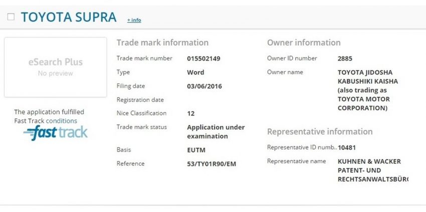 Toyota has trademarked the ‘Supra’ name in Europe 503855