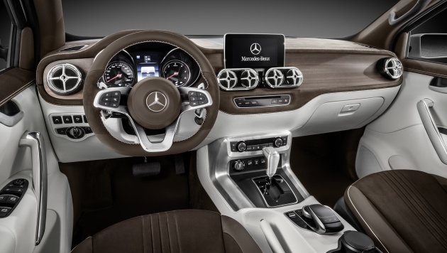 Mercedes-Benz Concept X-CLASS stylish explorer – Interieur, Kombination aus weißem Nappaleder und braunem Nubukleder ; Mercedes-Benz Concept X-CLASS stylish explorer – Interior, Mix of white nappa leather and brown nubuck leather;